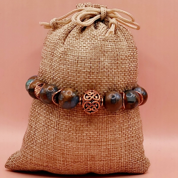 Teal Impression Jasper, Raku and Copper Beaded Bracelet - Picture 3 of 6